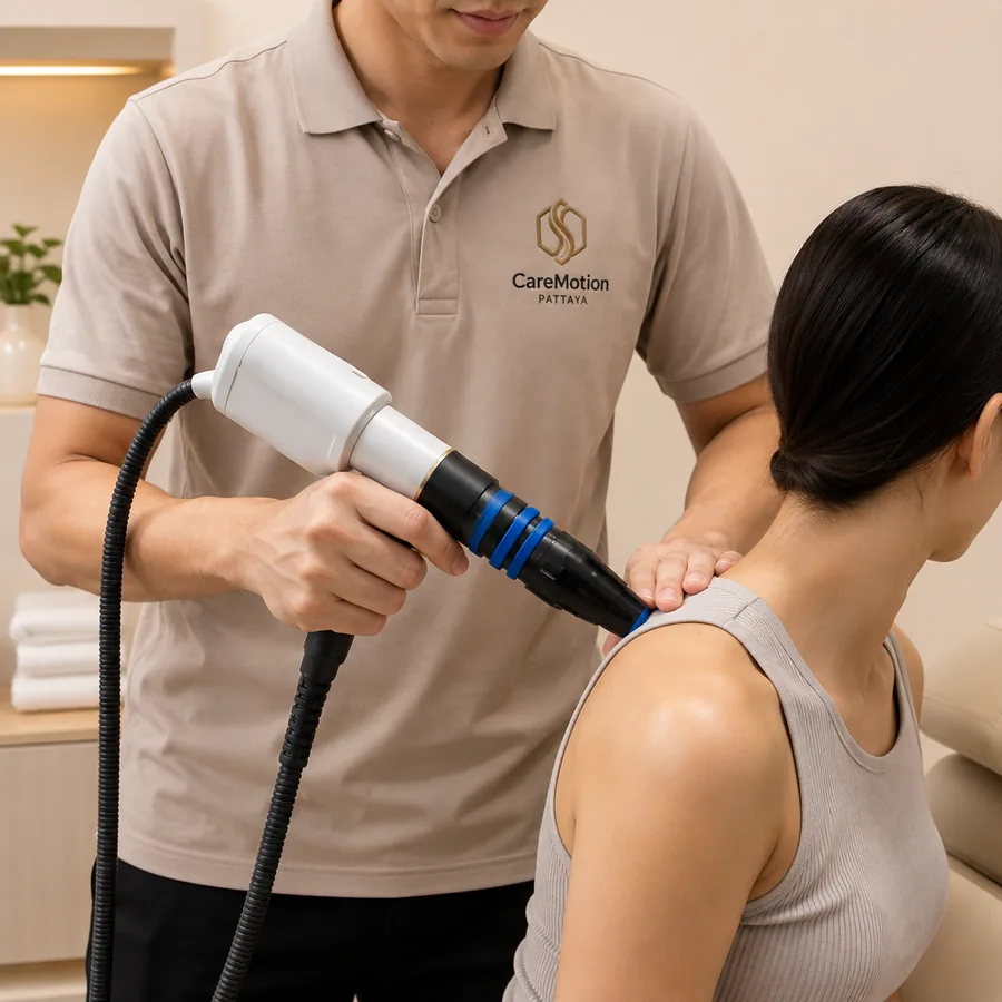 Physiotherapist providing Shockwave Therapy at CareMotion Pattaya